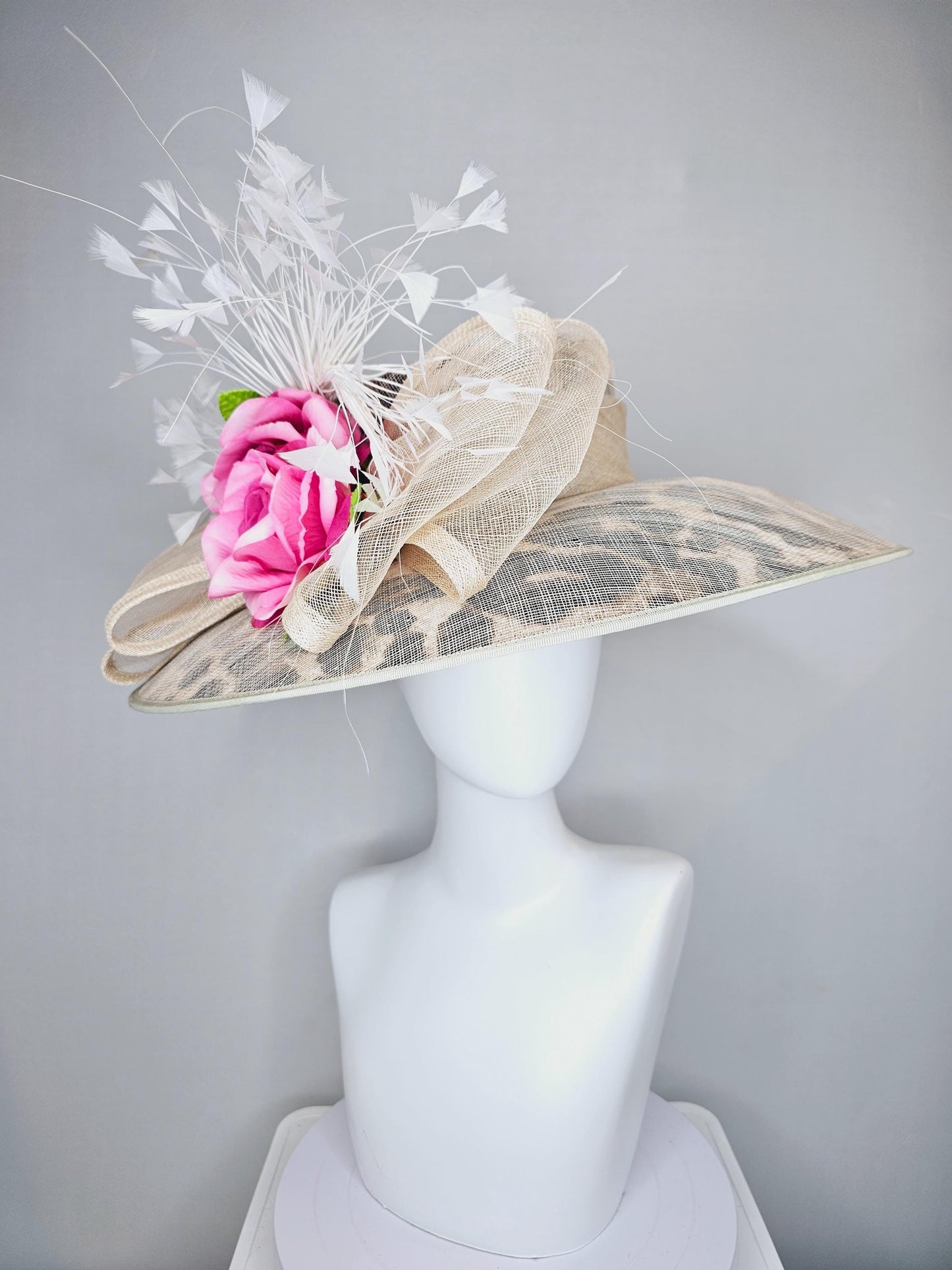 kentucky derby hat large wide brim sinamay neutral taupe beige leopard print hat with pink roses,green leaves, and white branching feathers