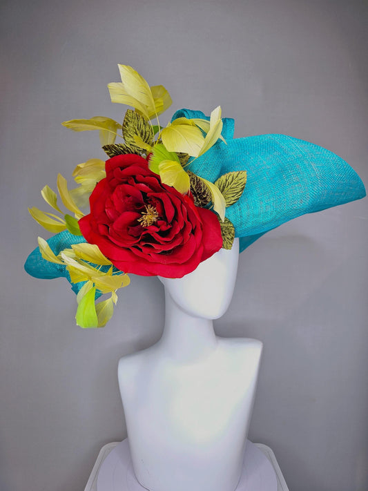 kentucky derby fascinator teal turquoise aqua blue sinamay wide brim hat with red silk satin rose flower,green leaves,bright yellow feathers