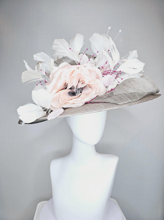 kentucky derby hat large wide brim sinamay gray hat with large white champagne pink silk flower and white branching feathers