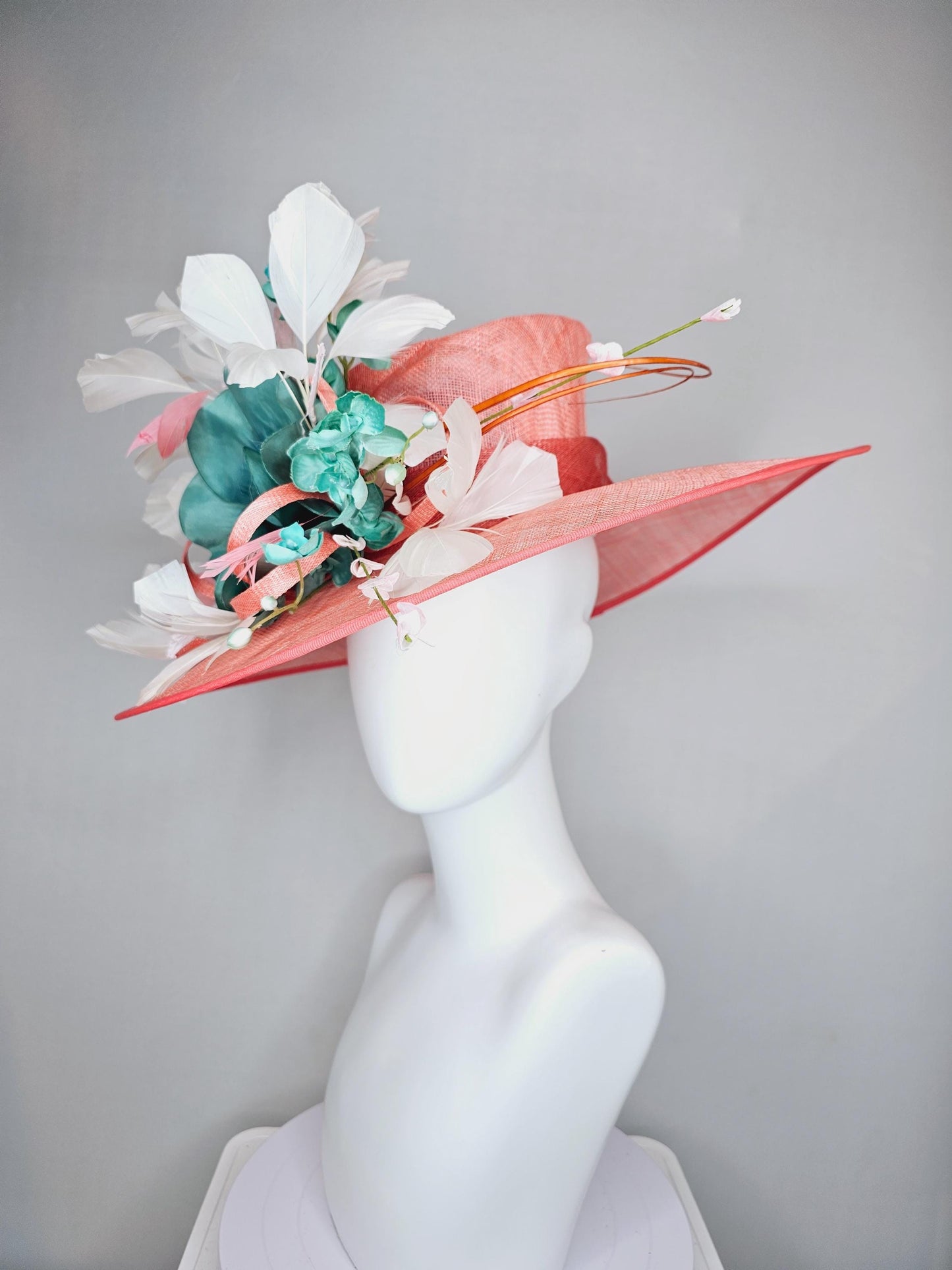 kentucky derby hat large wide brim sinamay coral orange peach hat,blue teal silk flower w/ pearl core,white and peach feathers,floral stems