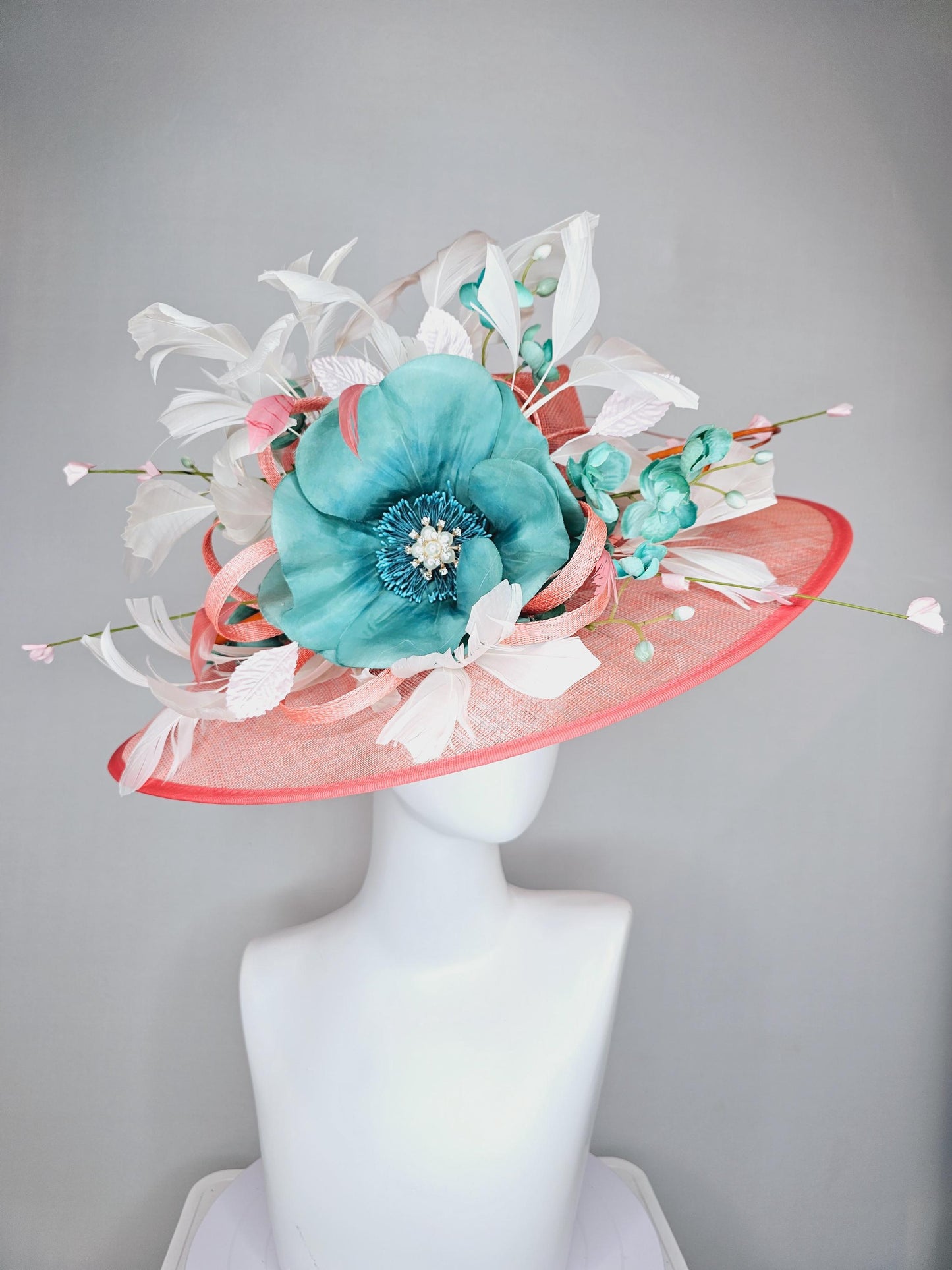 kentucky derby hat large wide brim sinamay coral orange peach hat,blue teal silk flower w/ pearl core,white and peach feathers,floral stems