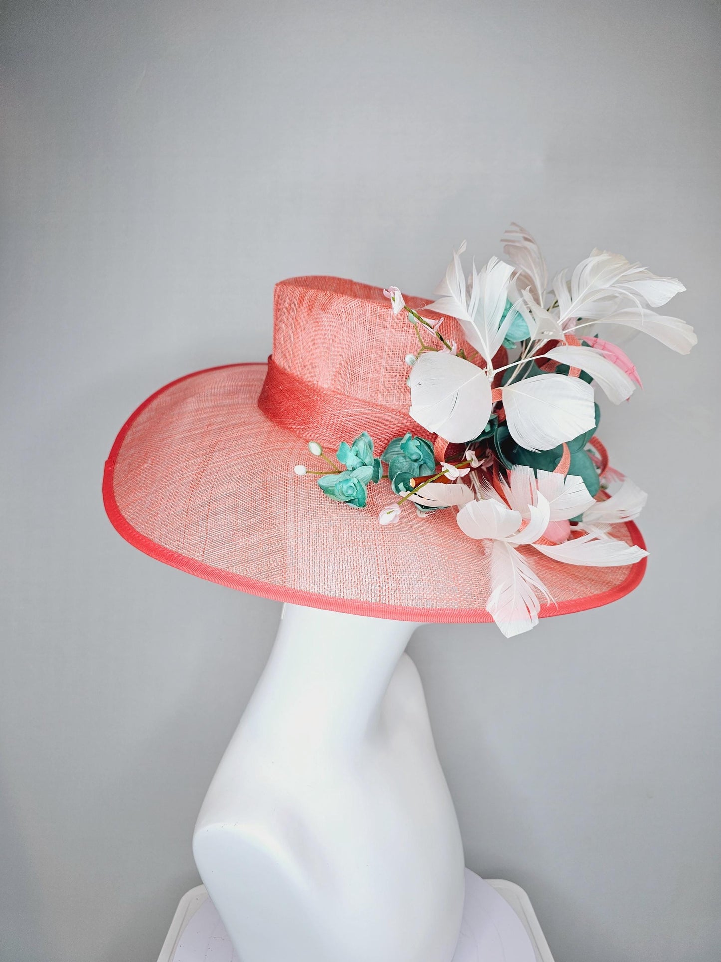 kentucky derby hat large wide brim sinamay coral orange peach hat,blue teal silk flower w/ pearl core,white and peach feathers,floral stems