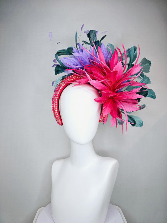 kentucky derby hat fascinator branching hot pink,blue teal,and purple feathers on iridescent Swarovski crystal coral pink headband