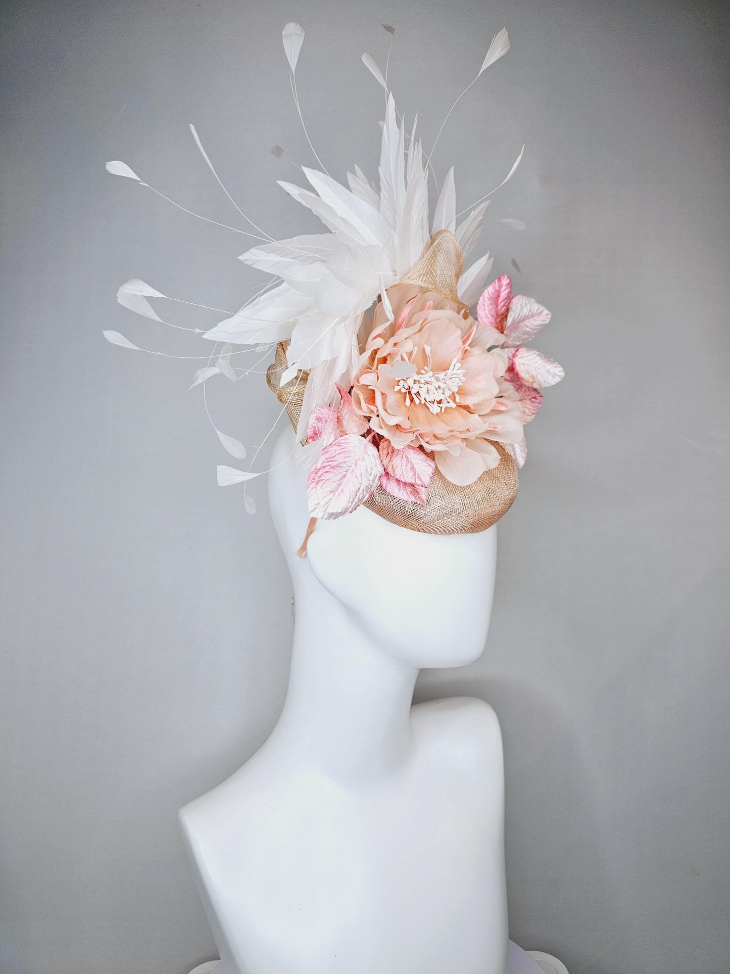 kentucky derby hat fascinator tan beige neutral sinamay,blush pink silk flower with ombre light pink leaves,branching white ivory feathers