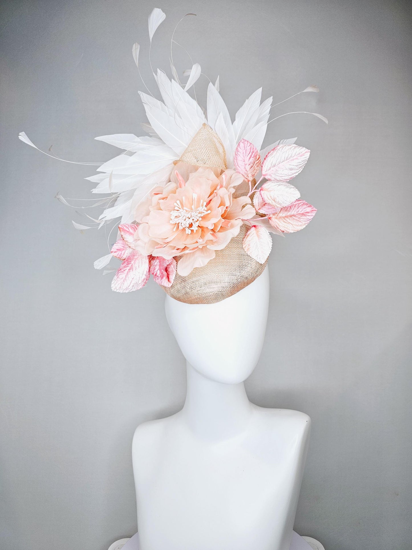 kentucky derby hat fascinator tan beige neutral sinamay,blush pink silk flower with ombre light pink leaves,branching white ivory feathers