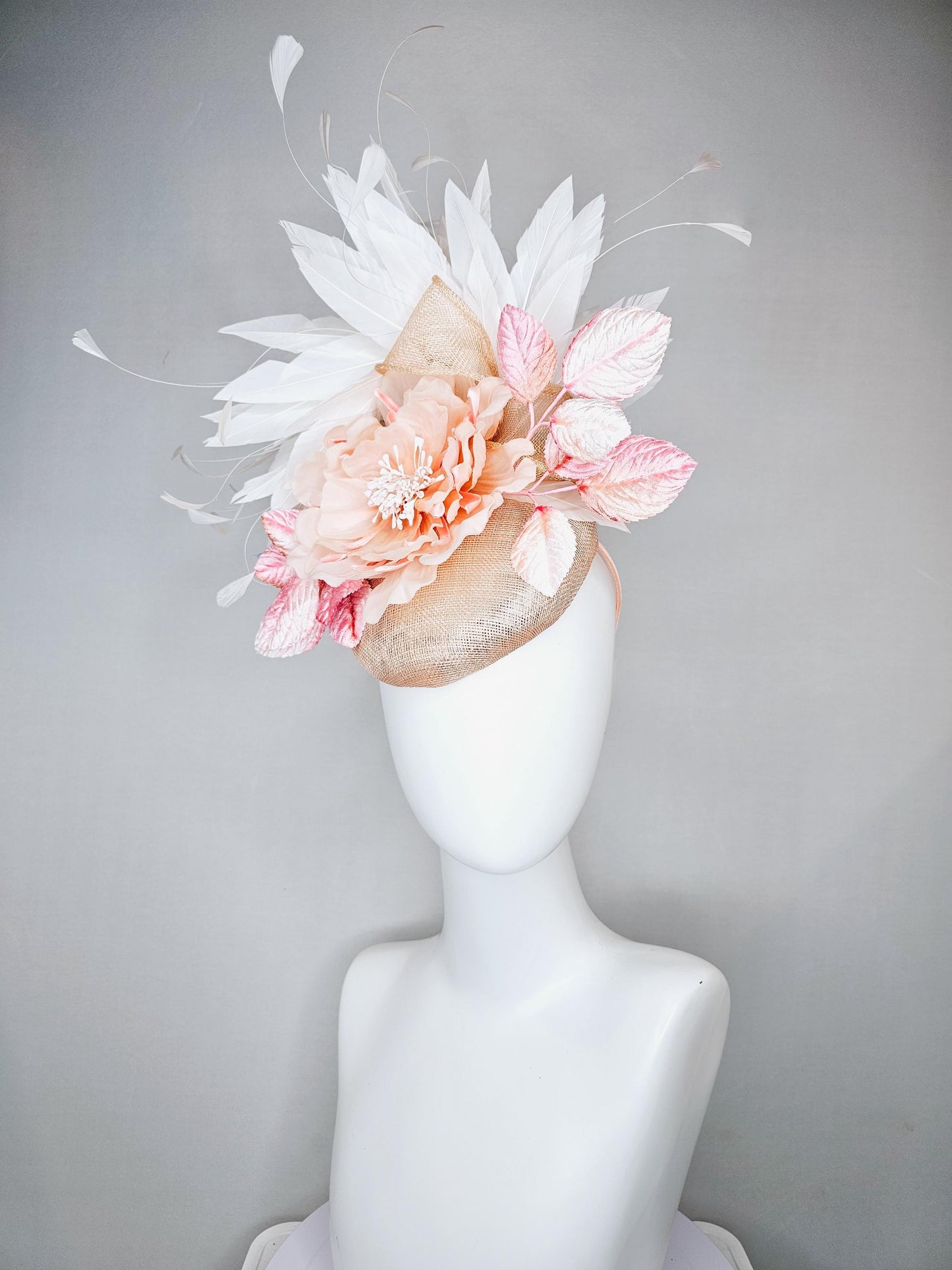 kentucky derby hat fascinator tan beige neutral sinamay,blush pink silk flower with ombre light pink leaves,branching white ivory feathers