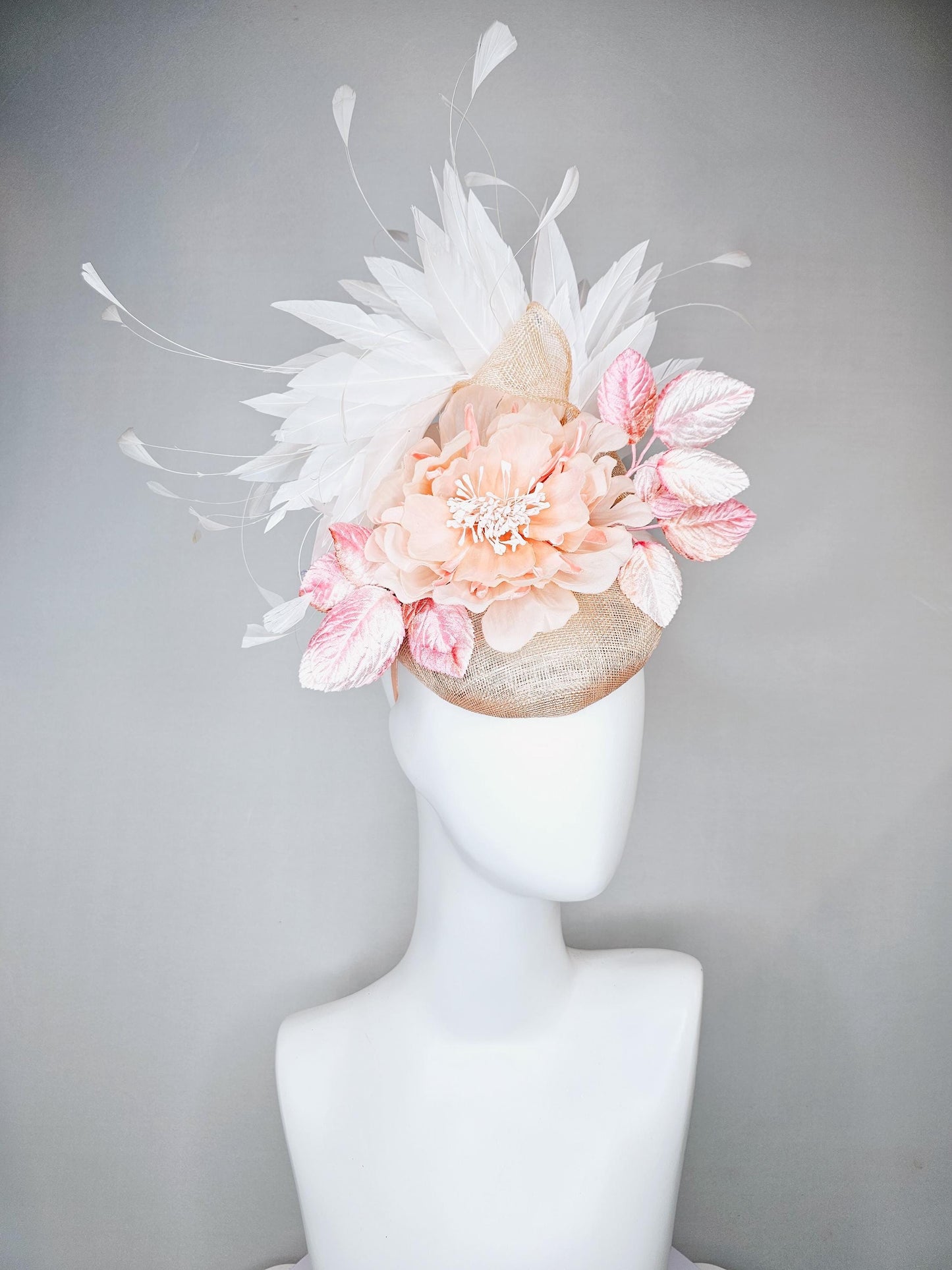 kentucky derby hat fascinator tan beige neutral sinamay,blush pink silk flower with ombre light pink leaves,branching white ivory feathers