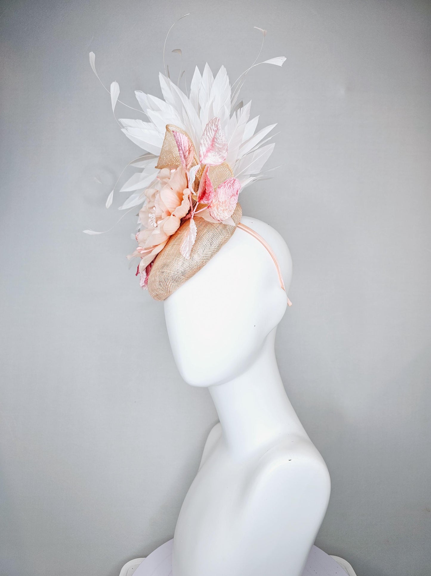 kentucky derby hat fascinator tan beige neutral sinamay,blush pink silk flower with ombre light pink leaves,branching white ivory feathers