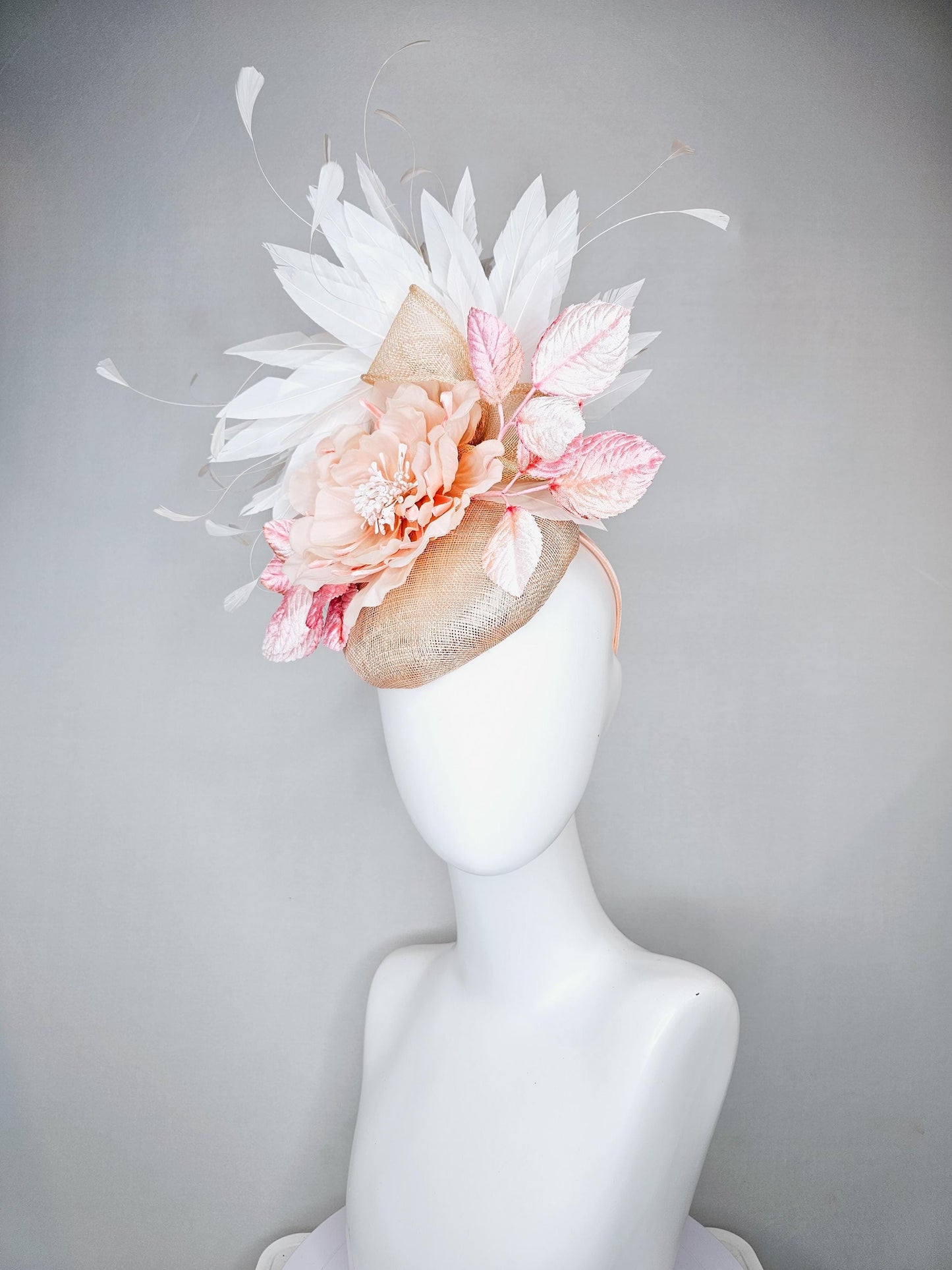 kentucky derby hat fascinator tan beige neutral sinamay,blush pink silk flower with ombre light pink leaves,branching white ivory feathers