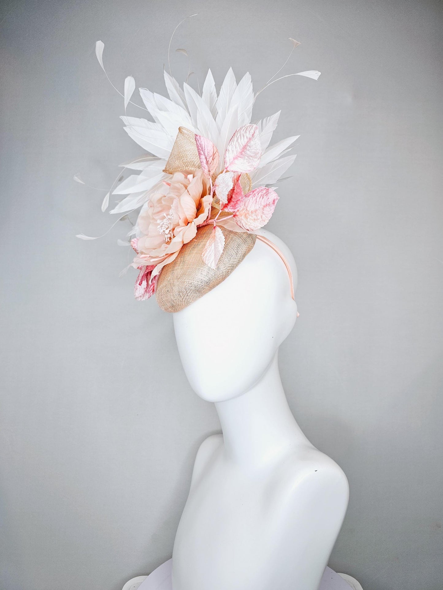 kentucky derby hat fascinator tan beige neutral sinamay,blush pink silk flower with ombre light pink leaves,branching white ivory feathers