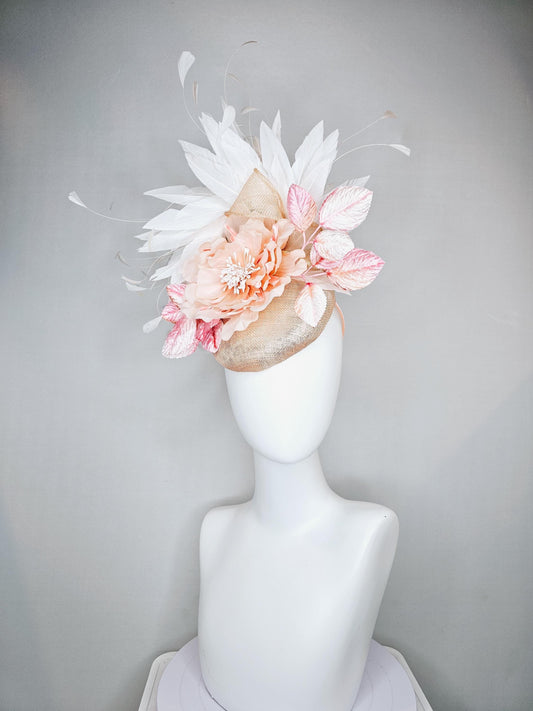 kentucky derby hat fascinator tan beige neutral sinamay,blush pink silk flower with ombre light pink leaves,branching white ivory feathers