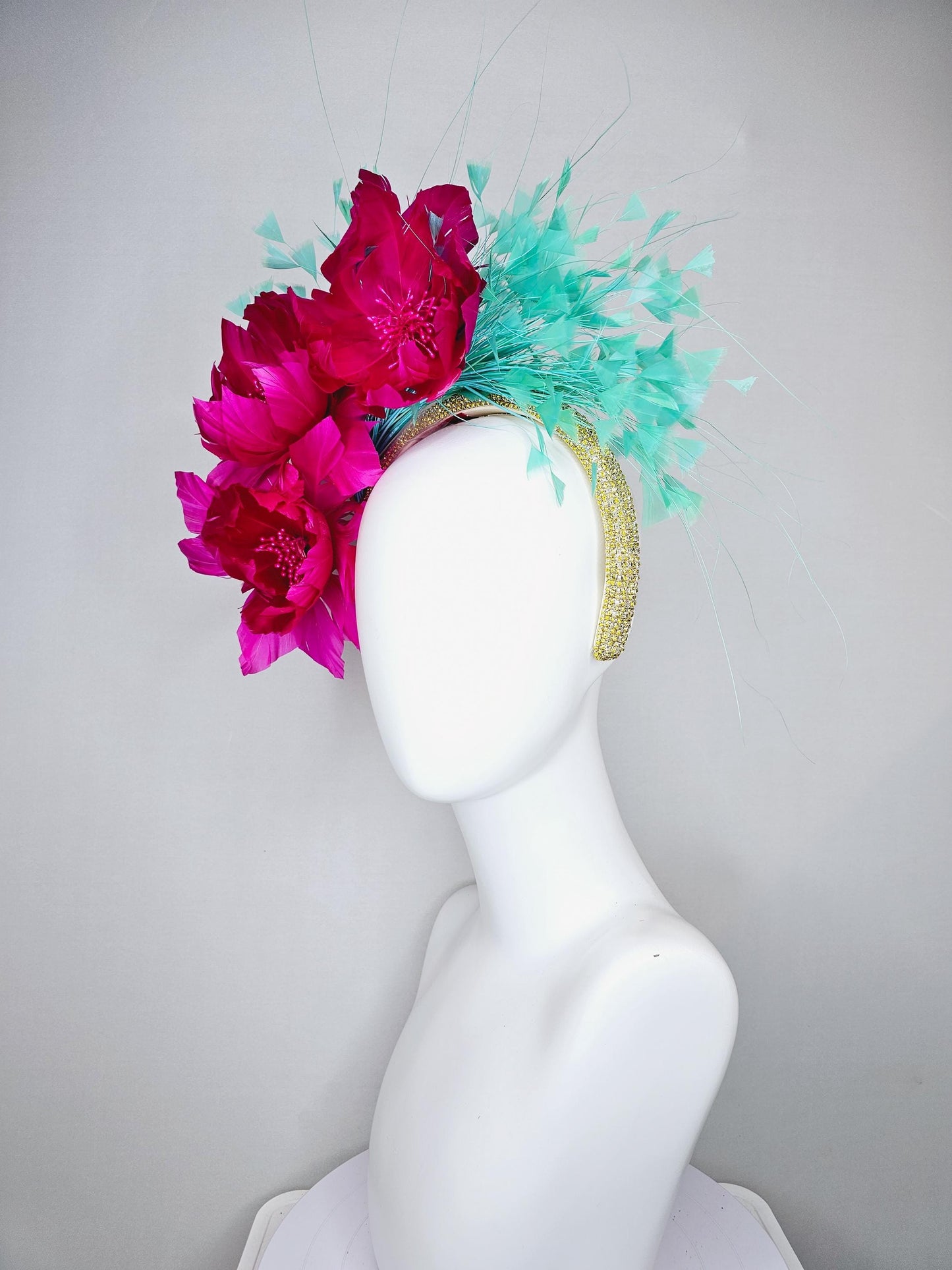 kentucky derby hat fascinator yellow gold rhinestone crystal headband,fuchsia hot pink feather flowers,mint green blue turquoise feathers