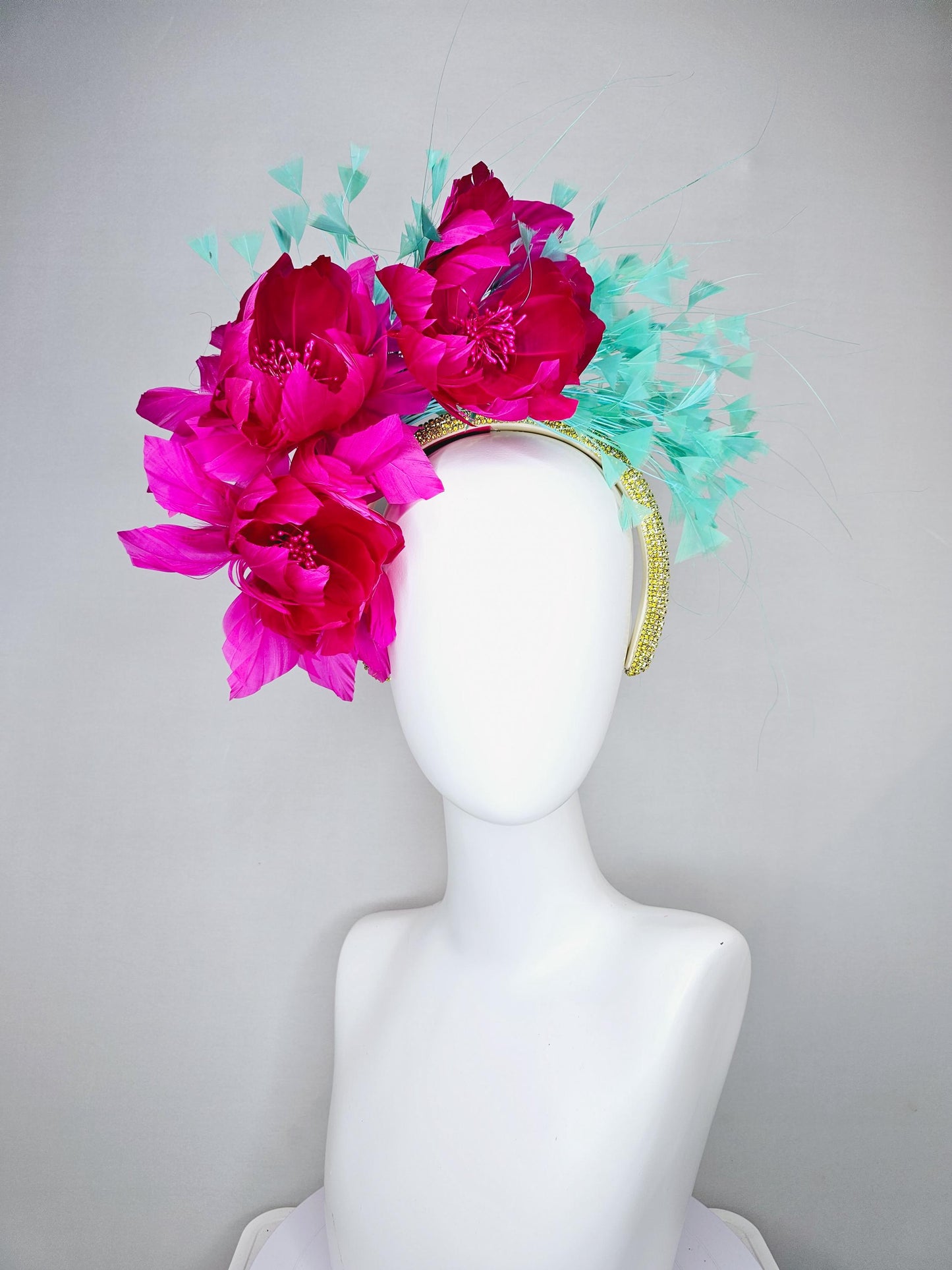 kentucky derby hat fascinator yellow gold rhinestone crystal headband,fuchsia hot pink feather flowers,mint green blue turquoise feathers