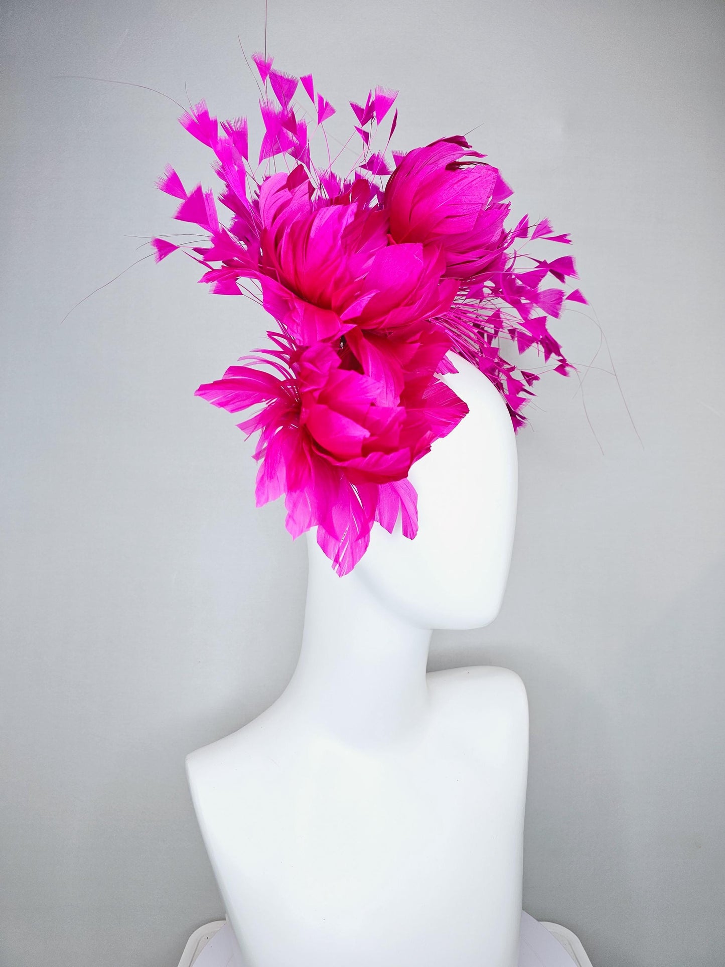 kentucky derby hat fascinator light pink crystal rhinestone headband with fuchsia hot pink fluffy feather flowers and hot pink feathers