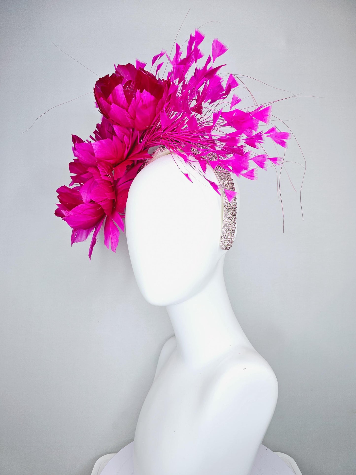 kentucky derby hat fascinator light pink crystal rhinestone headband with fuchsia hot pink fluffy feather flowers and hot pink feathers