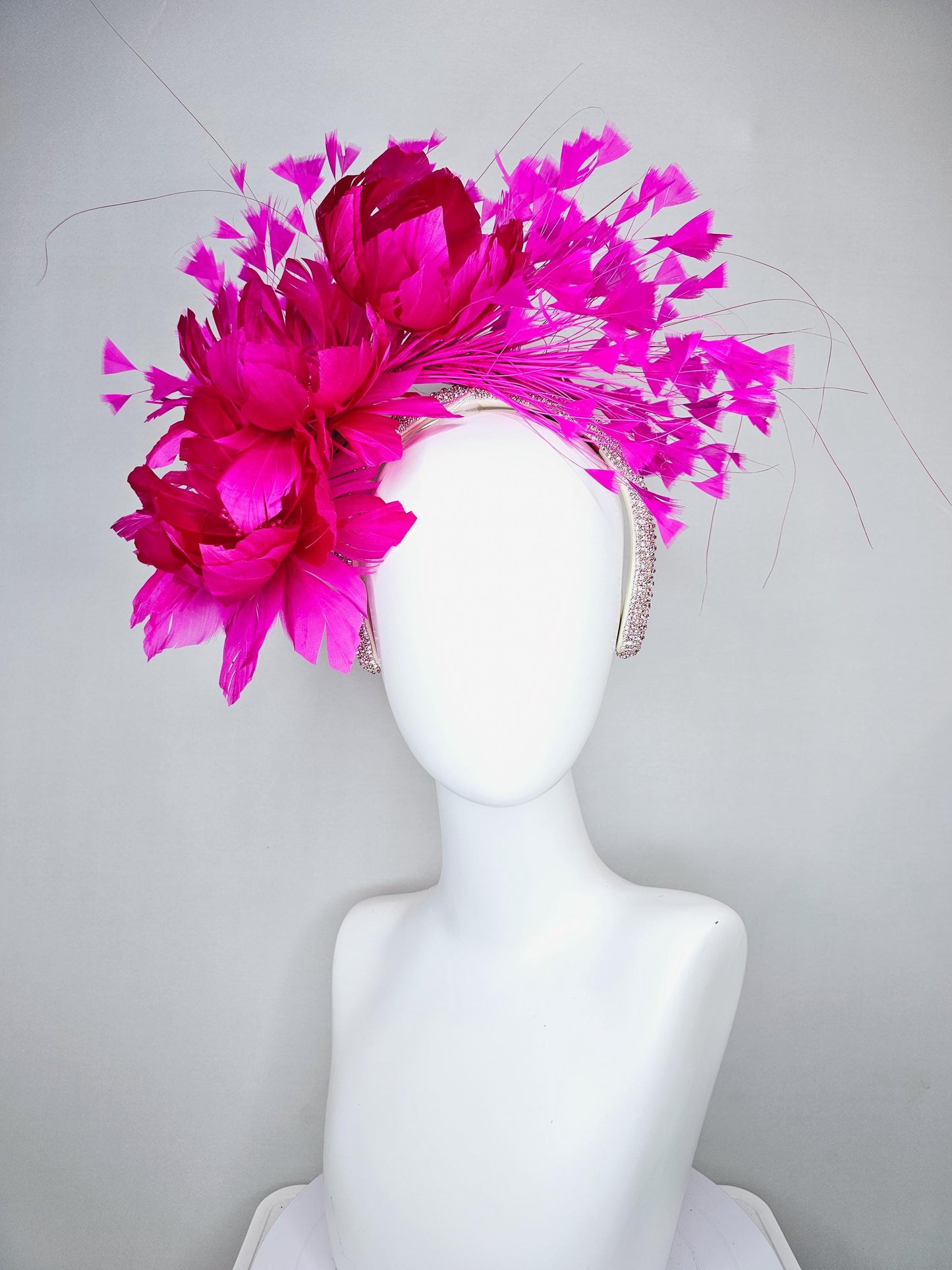 kentucky derby hat fascinator light pink crystal rhinestone headband with fuchsia hot pink fluffy feather flowers and hot pink feathers