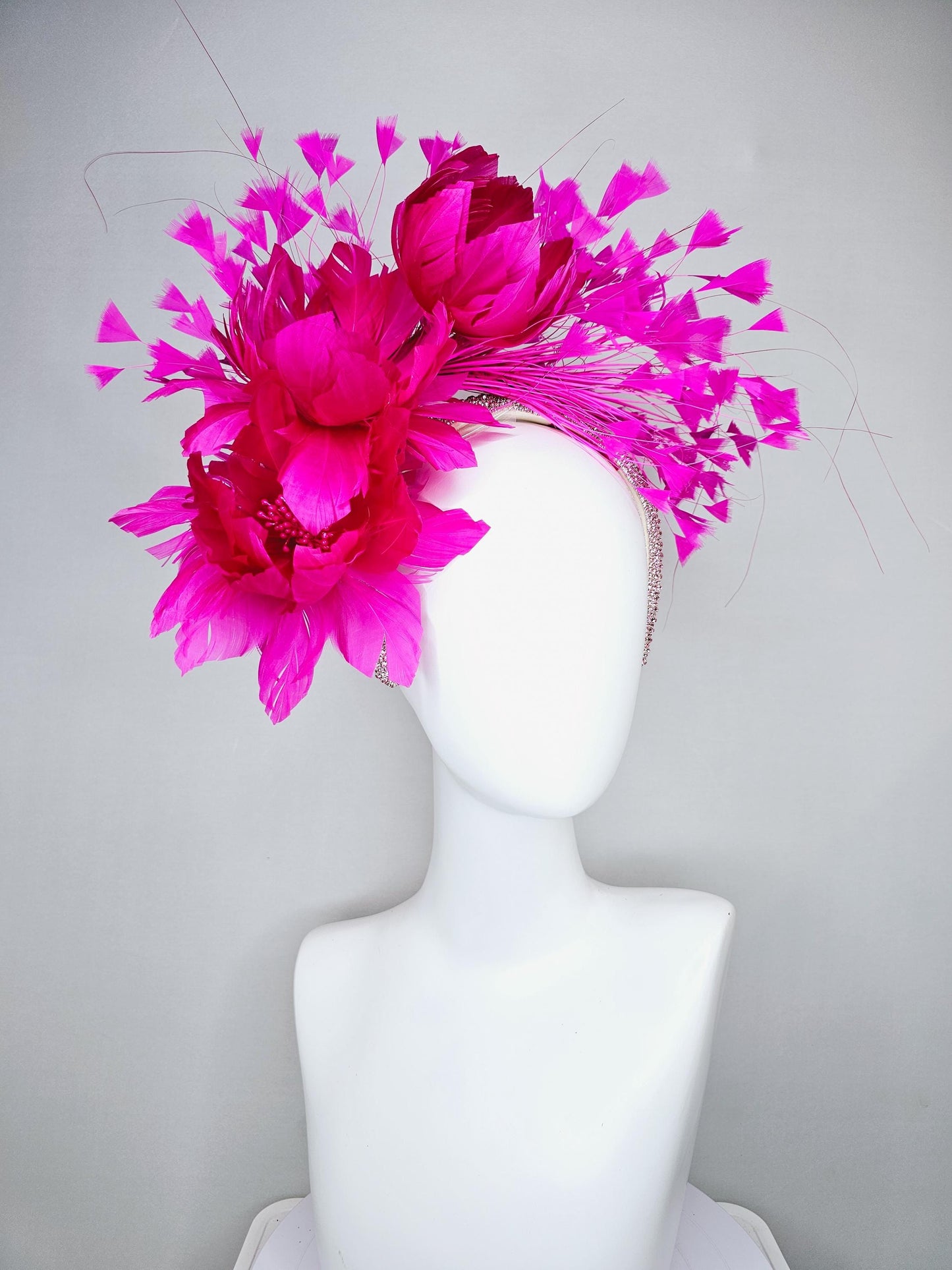 kentucky derby hat fascinator light pink crystal rhinestone headband with fuchsia hot pink fluffy feather flowers and hot pink feathers