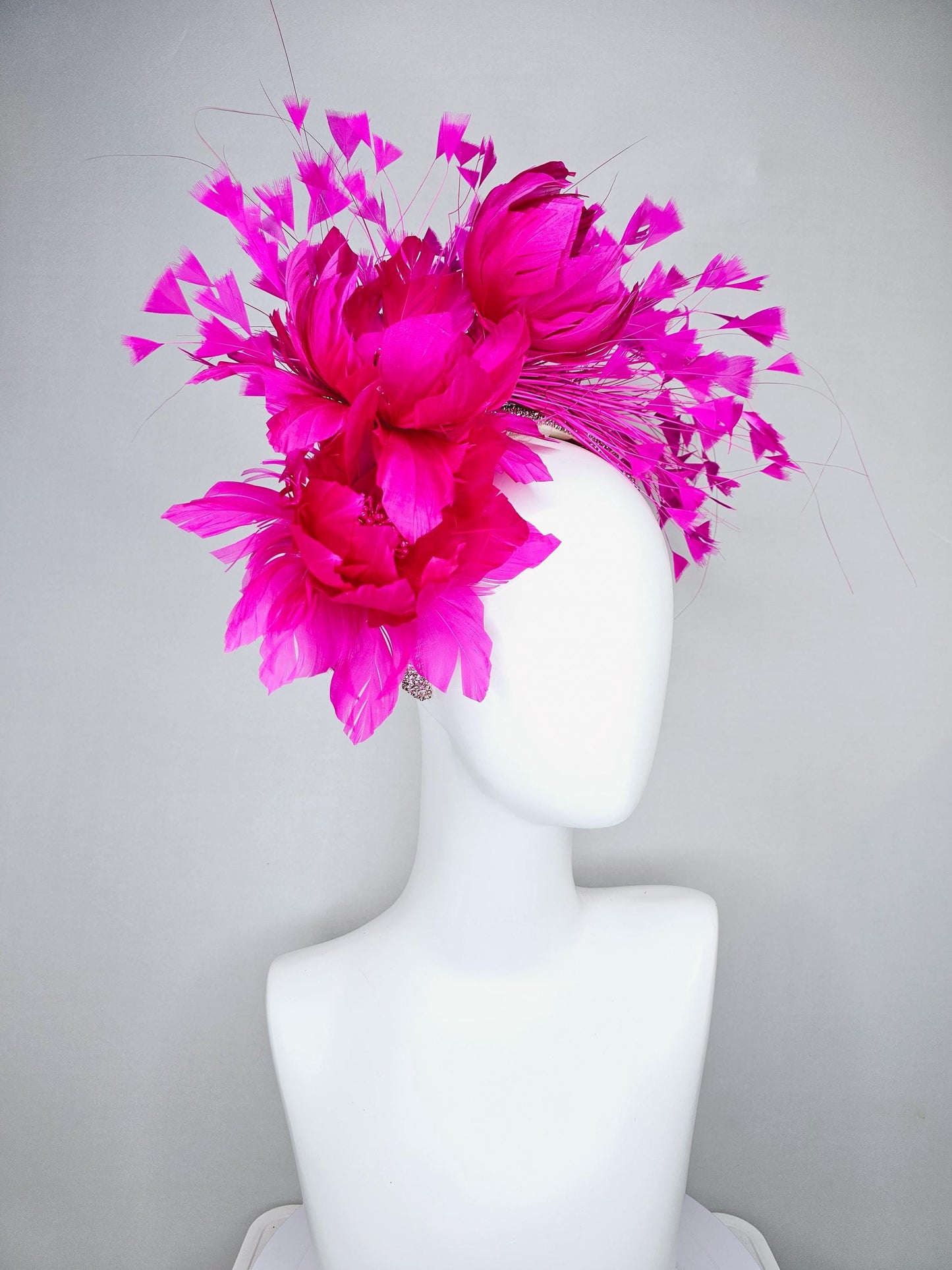 kentucky derby hat fascinator light pink crystal rhinestone headband with fuchsia hot pink fluffy feather flowers and hot pink feathers