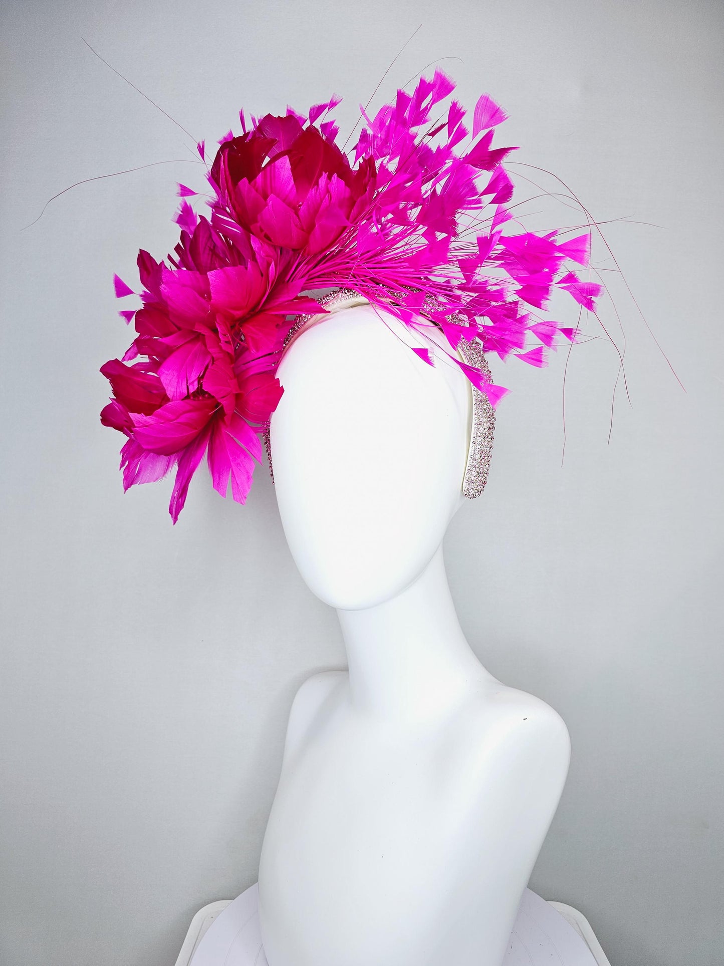 kentucky derby hat fascinator light pink crystal rhinestone headband with fuchsia hot pink fluffy feather flowers and hot pink feathers