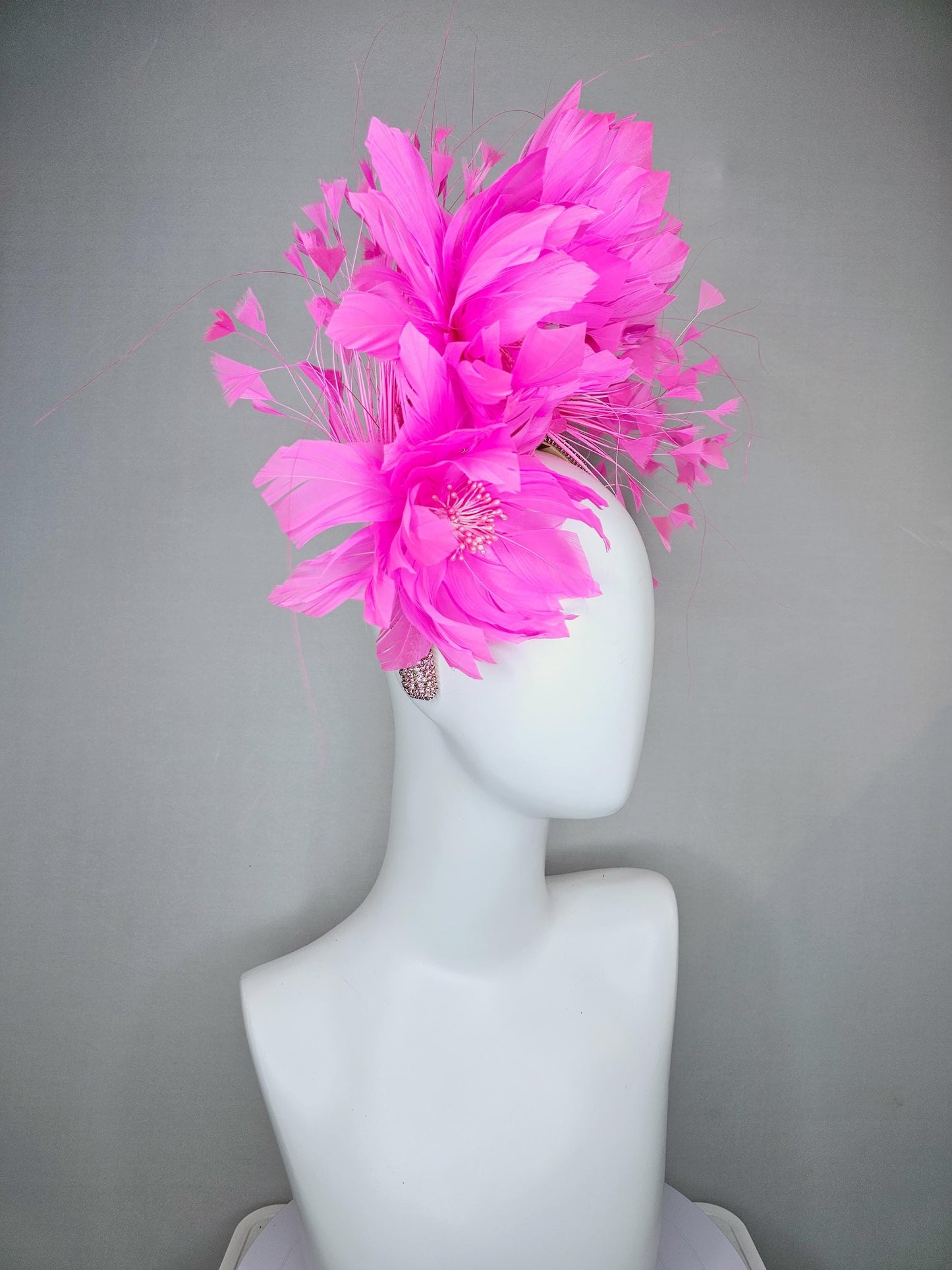 kentucky derby hat fascinator light pink crystal rhinestone headband,pink fluffy feather flowers with pearl core and pink branching feathers