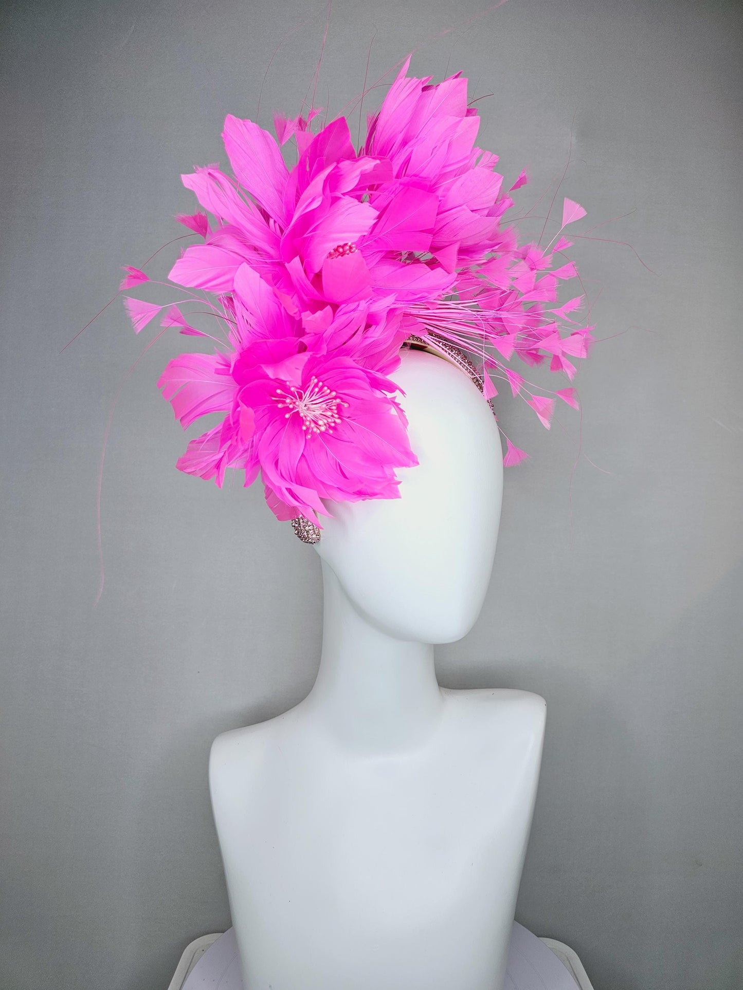 kentucky derby hat fascinator light pink crystal rhinestone headband neon bright pink fluffy feather flowers and pink branching feathers