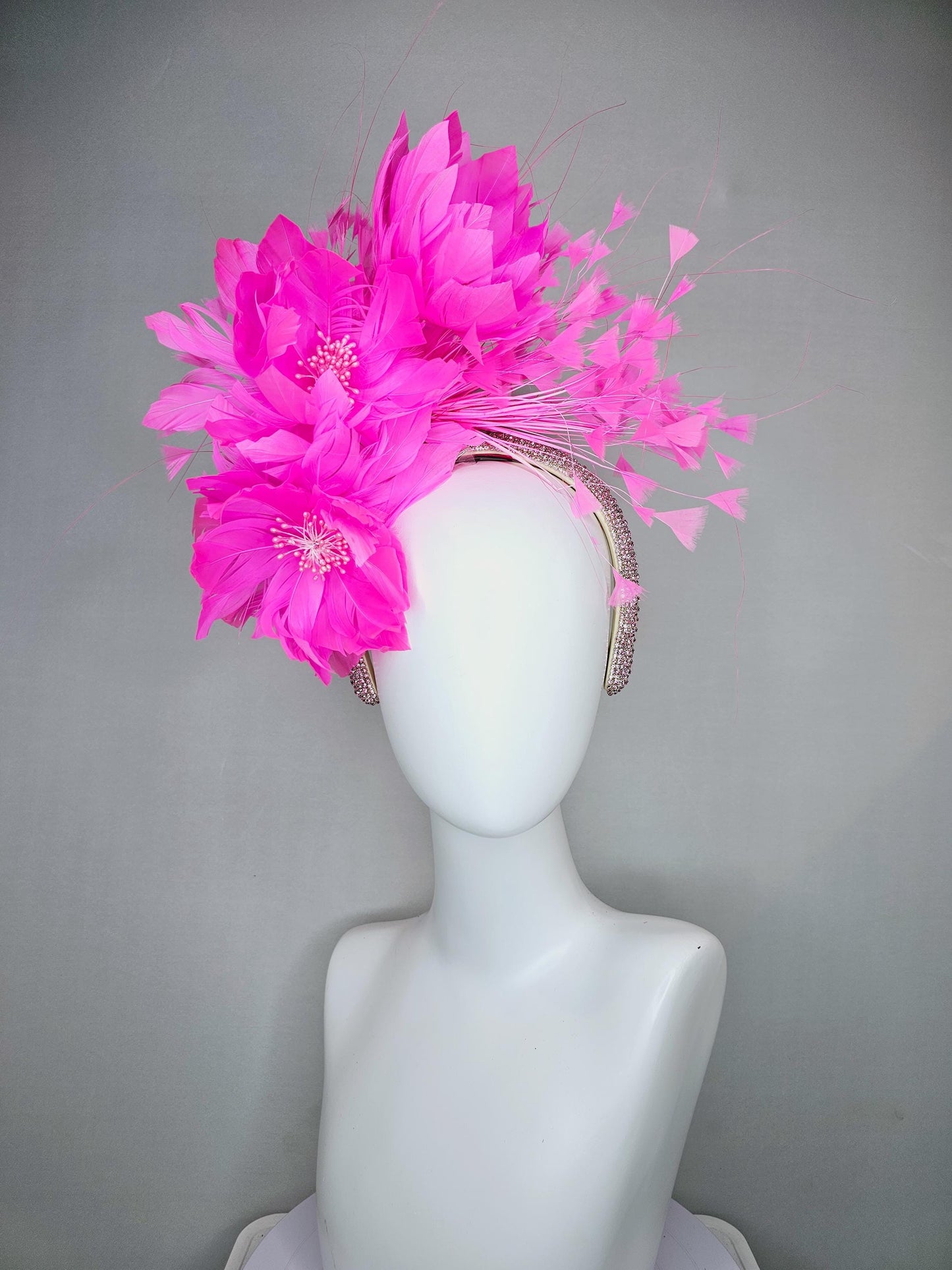 kentucky derby hat fascinator light pink crystal rhinestone headband,pink fluffy feather flowers with pearl core and pink branching feathers