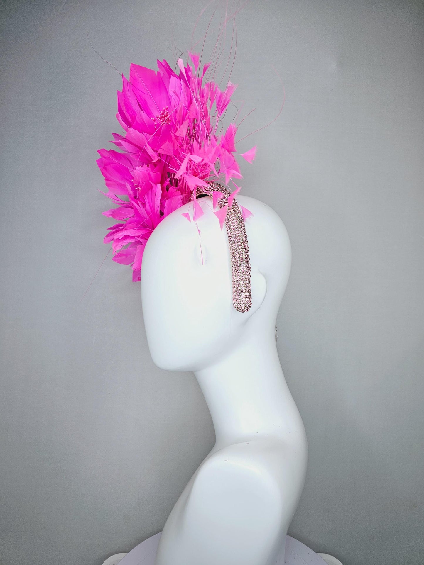 kentucky derby hat fascinator light pink crystal rhinestone headband,pink fluffy feather flowers with pearl core and pink branching feathers