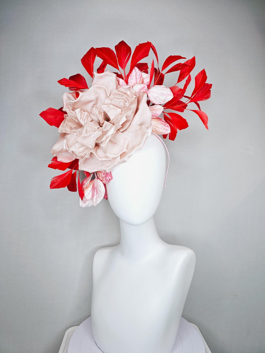 kentucky derby hat fascinator large champagne blush rose flower with ombre pink leaves and bright red branching feathers