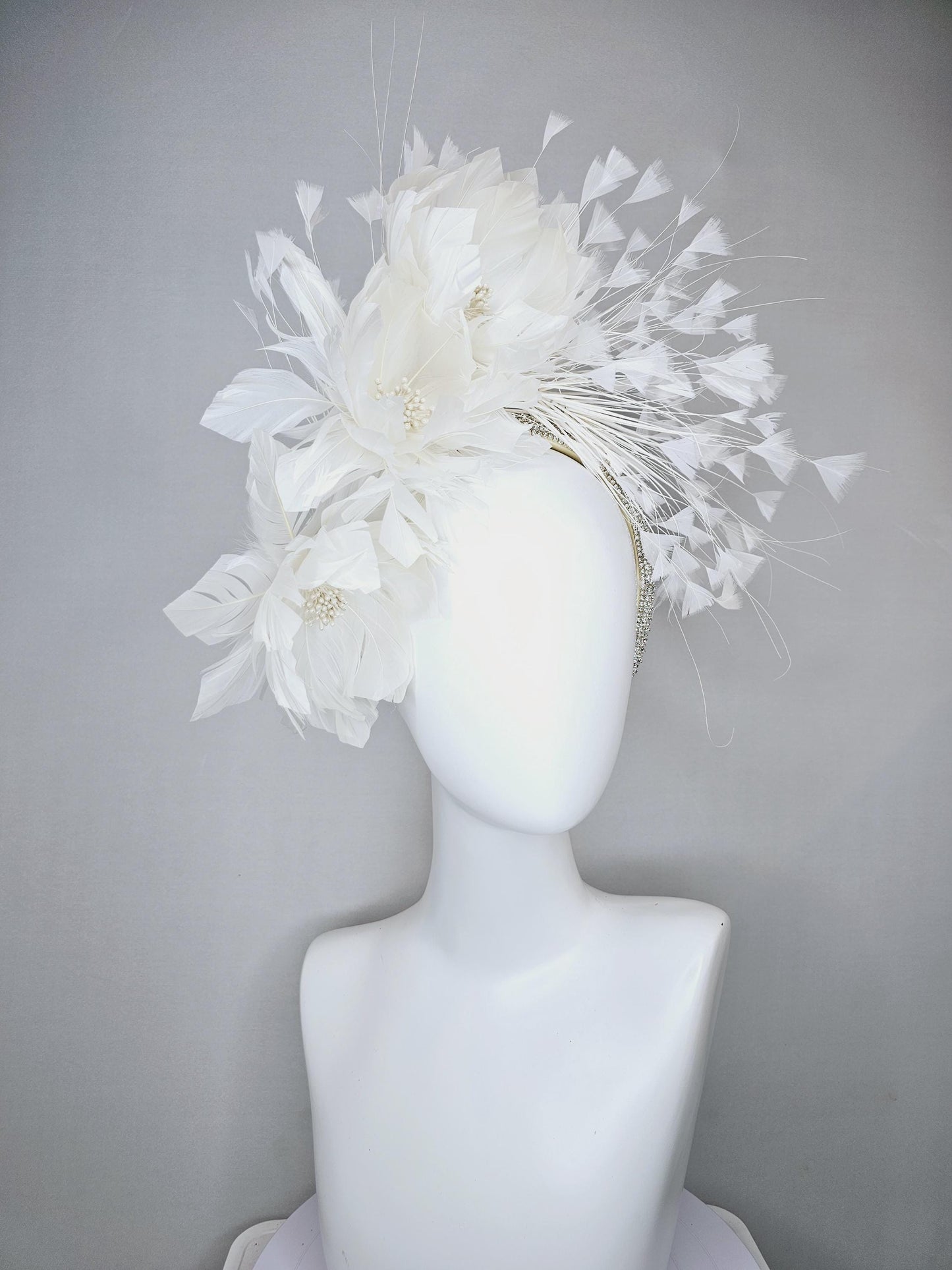 kentucky derby hat fascinator crystal rhinestone headband,with white feather flowers with pearl core,and white branching feathers