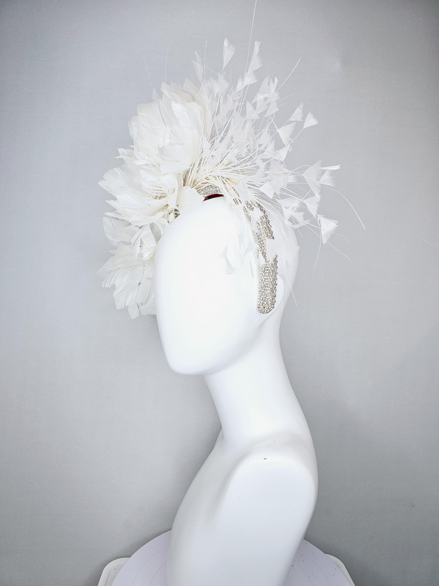 kentucky derby hat fascinator crystal rhinestone headband,with white feather flowers with pearl core,and white branching feathers