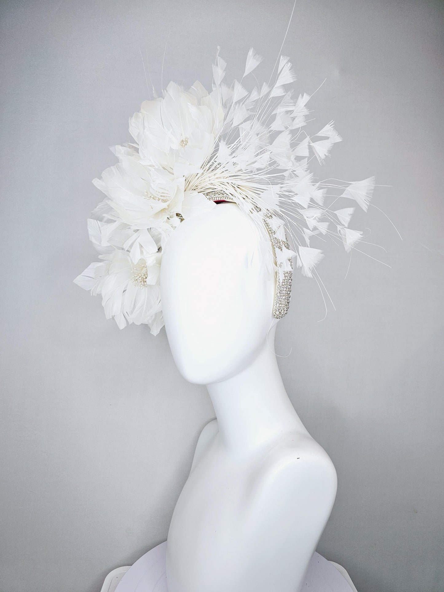 kentucky derby hat fascinator crystal rhinestone headband,with white feather flowers with pearl core,and white branching feathers