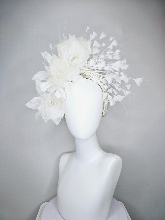 kentucky derby hat fascinator crystal rhinestone headband,with white feather flowers with pearl core,and white branching feathers