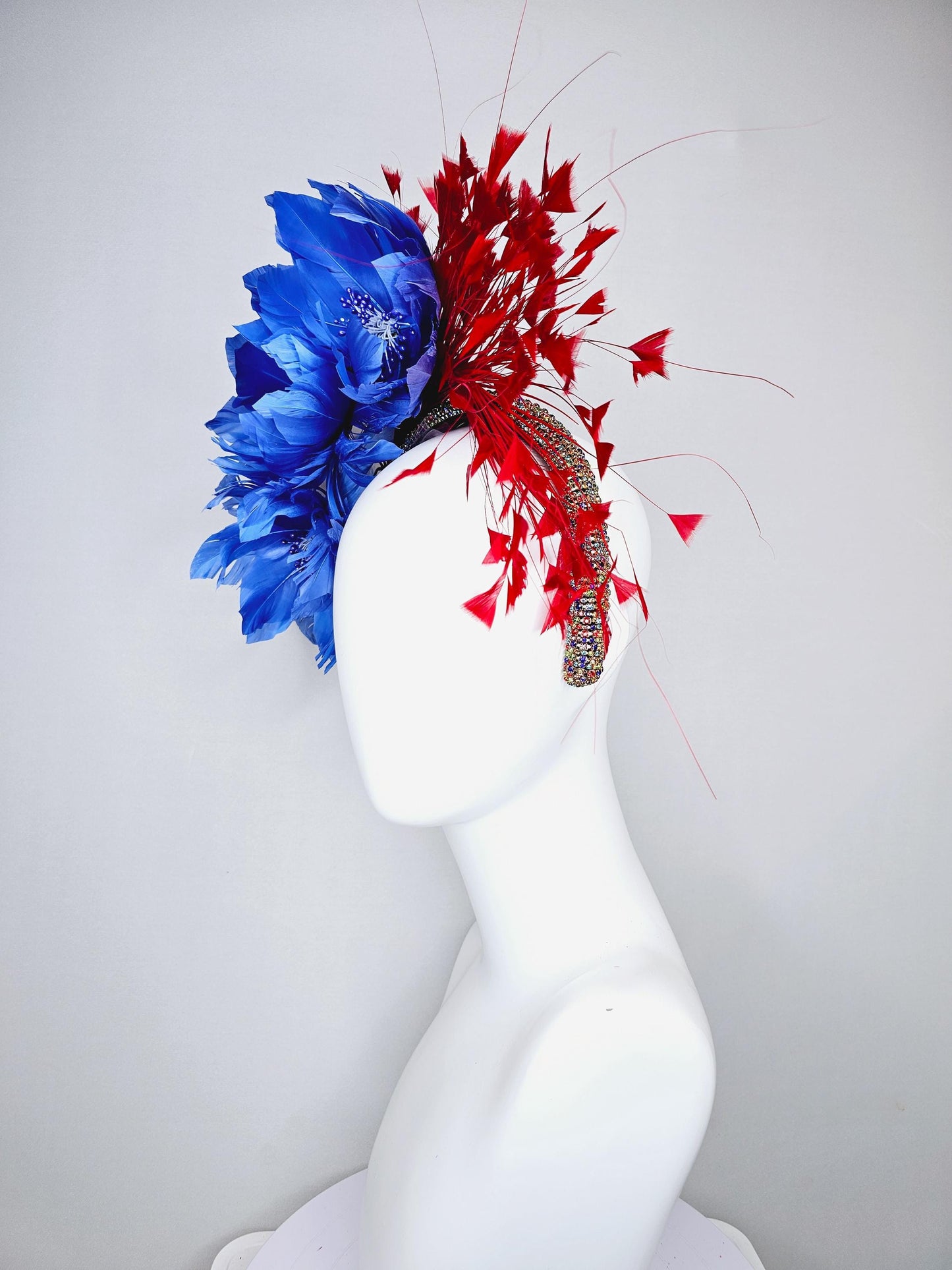 kentucky derby hat fascinator rainbow colorful crystal rhinestone headband with cobalt royal blue feather flowers and branching red feathers