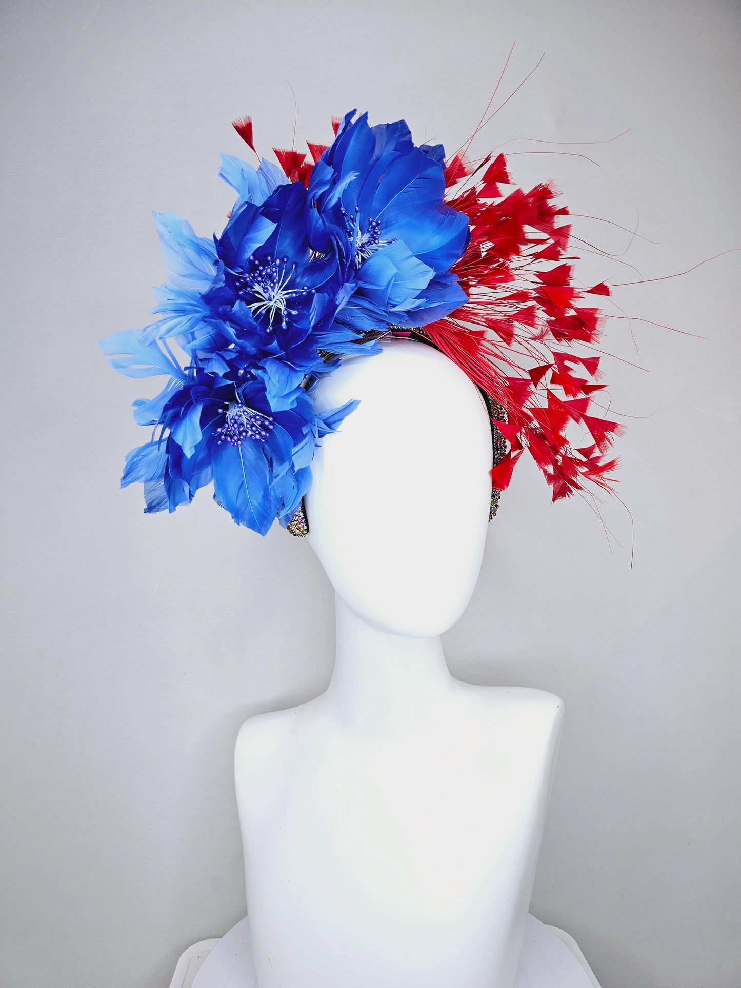 kentucky derby hat fascinator rainbow colorful crystal rhinestone headband with cobalt royal blue feather flowers and branching red feathers