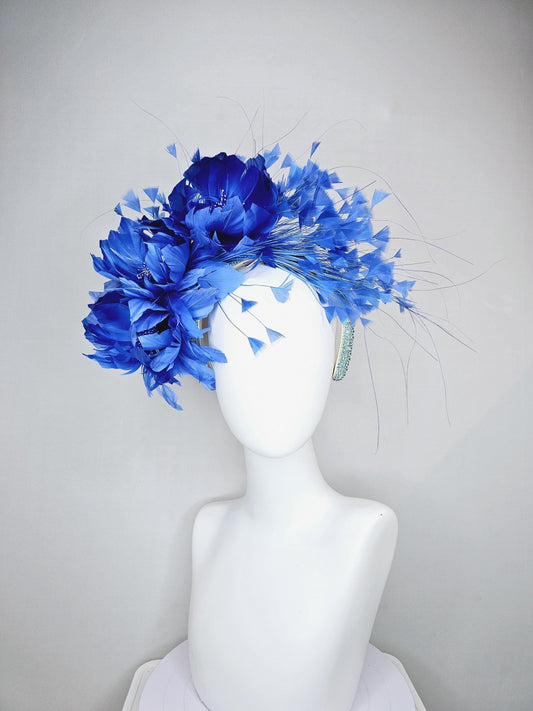 kentucky derby hat fascinator light blue rhinestone crystal headband with cobalt royal blue feather flowers,and branching blue feathers