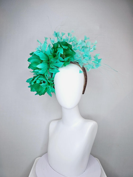 kentucky derby hat fascinator brown copper iridescent crystal rhinestone headband,green feather flowers with aqua green turquoise feathers