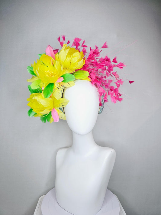 kentucky derby hat fascinator yellow feather flowers,green feather leaves,fuchsia pink branching feathers,sky blue rhinestone headband