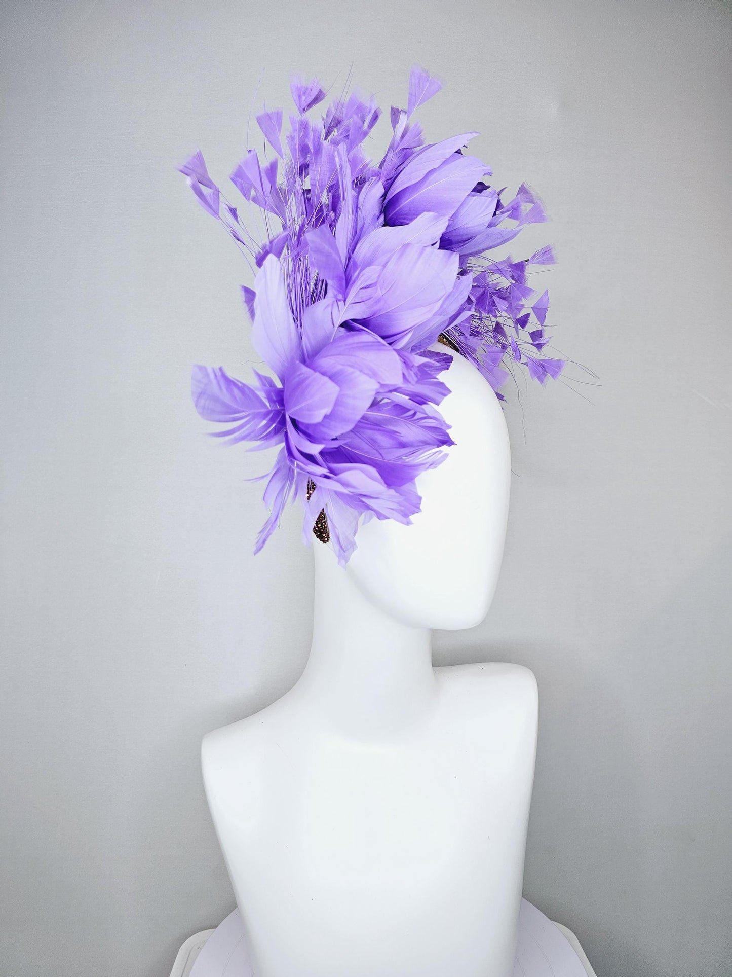 kentucky derby hat fascinator purple lavender feather flowers,purple lavender branching feathers,brown copper crystal rhinestone headband