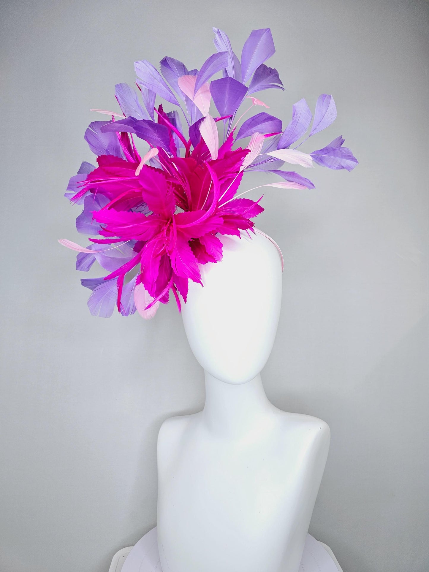 kentucky derby hat fascinator bright hot pink fuchsia feather flower with purple lavender and light pink branching feathers