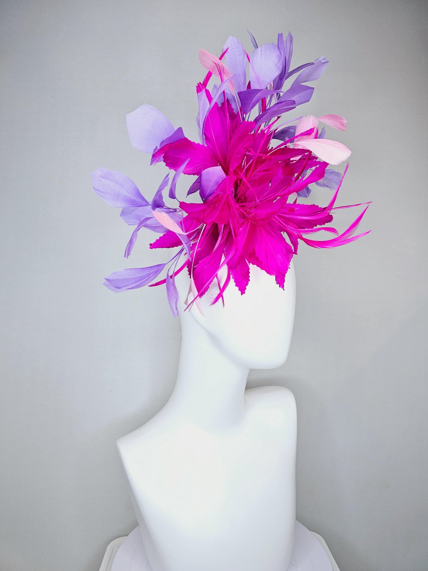 kentucky derby hat fascinator bright hot pink fuchsia feather flower with purple lavender and light pink branching feathers