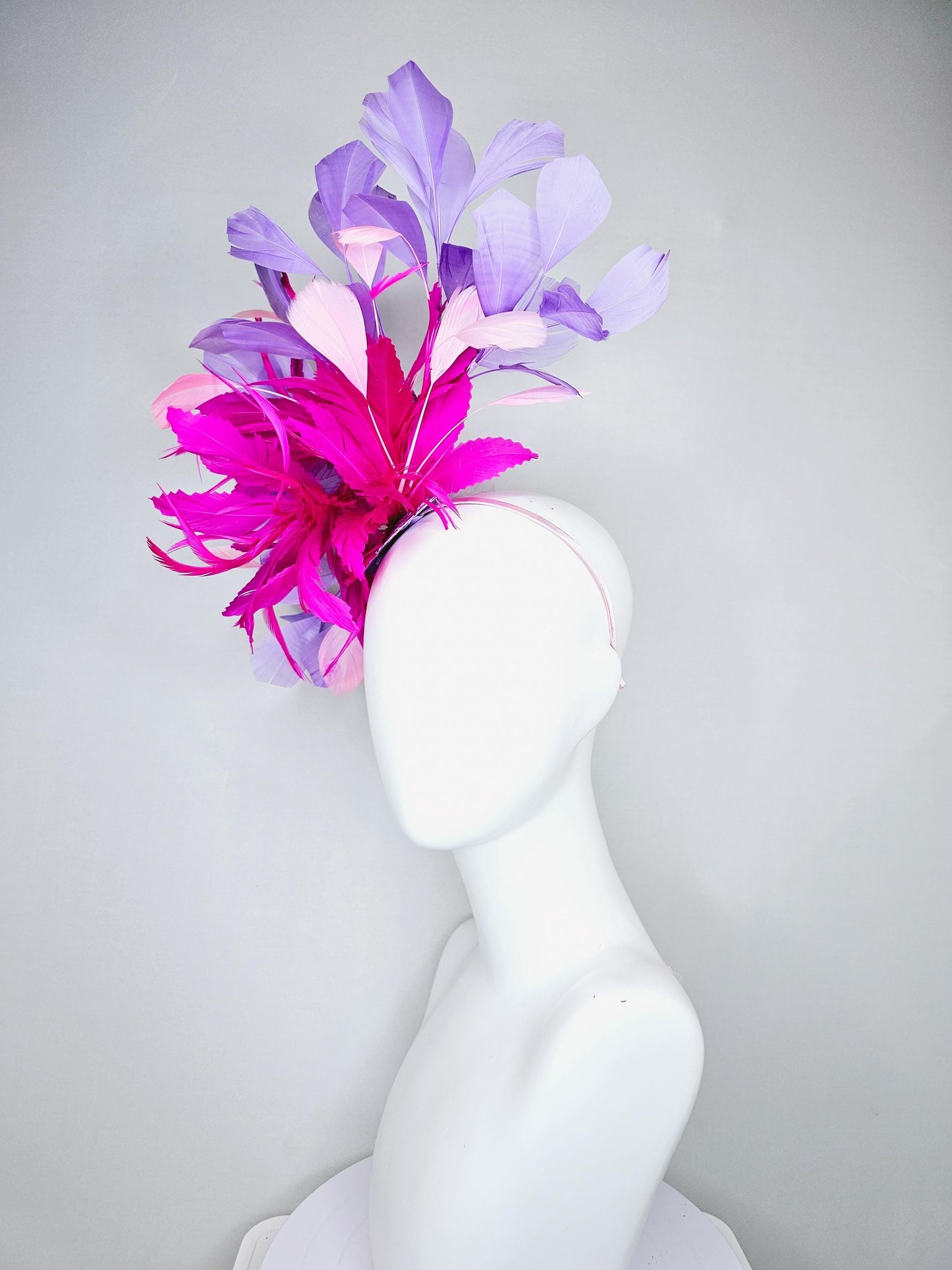 kentucky derby hat fascinator bright hot pink fuchsia feather flower with purple lavender and light pink branching feathers