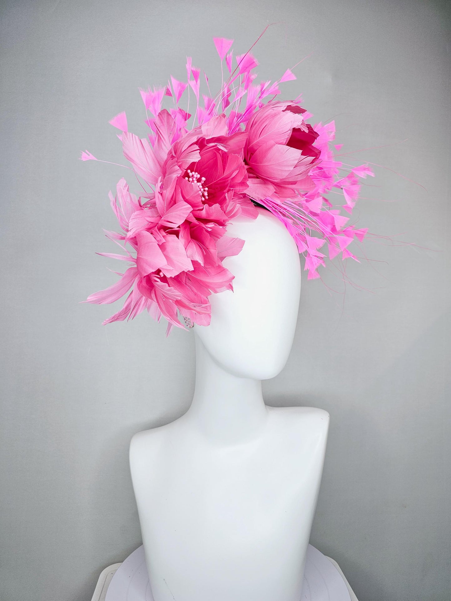 kentucky derby hat fascinator light pink iridescent crystal rhinestone headband,pink feather flowers with pearl core and light pink feathers