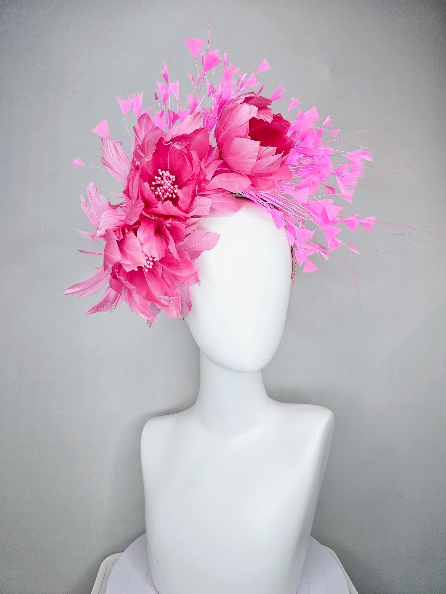 kentucky derby hat fascinator light pink iridescent crystal rhinestone headband,pink feather flowers with pearl core and light pink feathers