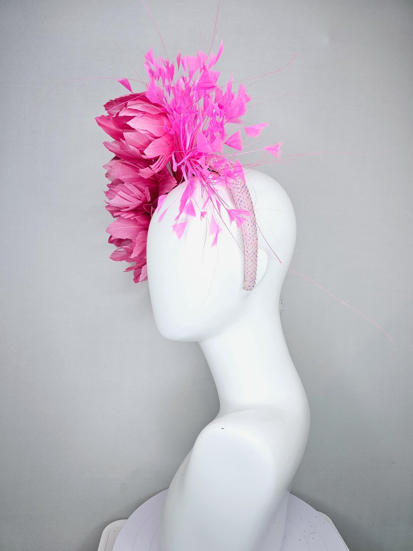 kentucky derby hat fascinator light pink iridescent crystal rhinestone headband,pink feather flowers with pearl core and light pink feathers