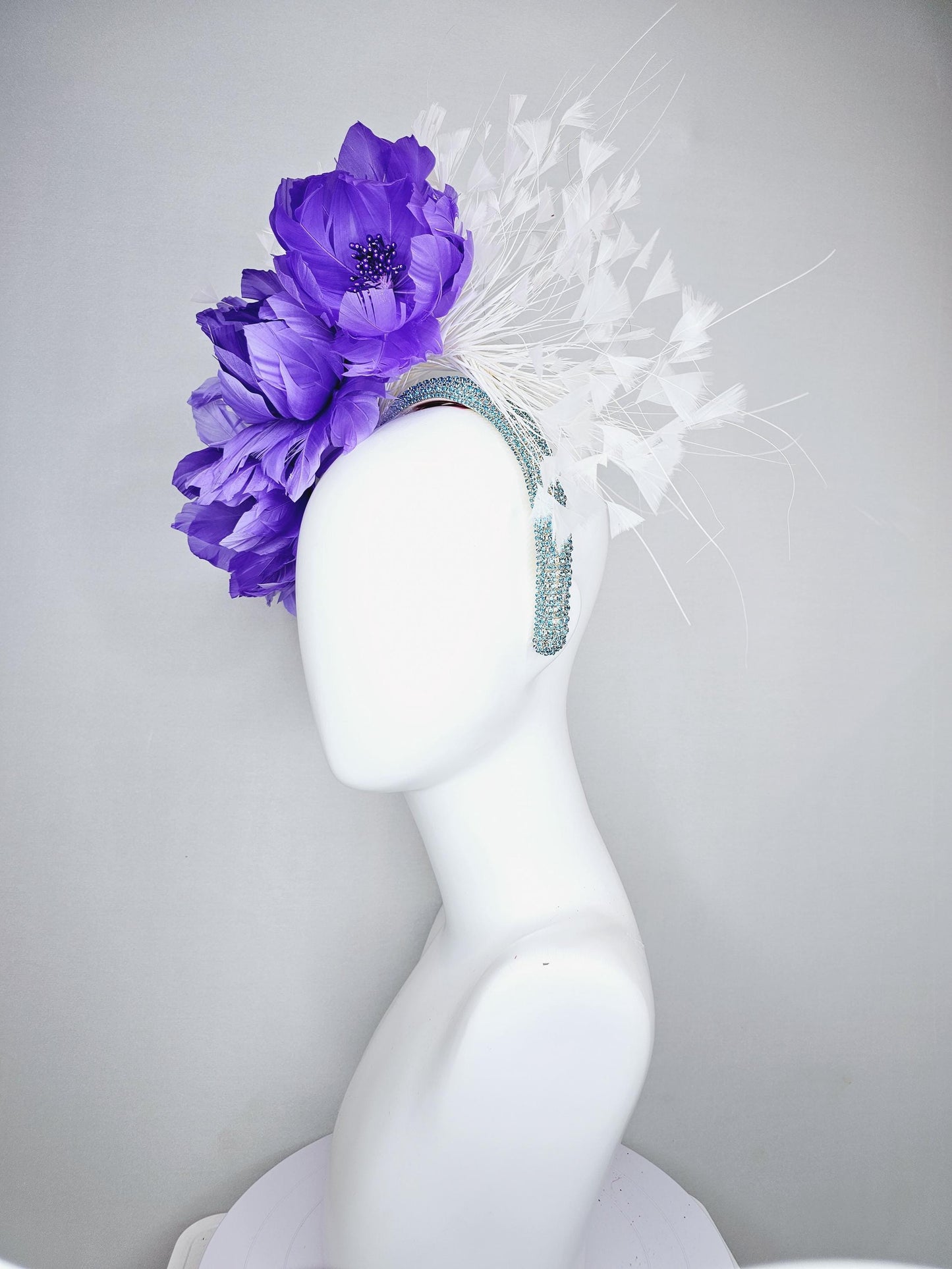 kentucky derby hat fascinator purple violet feather flowers, white branching feathers, turquoise sky blue crystal rhinestone headband