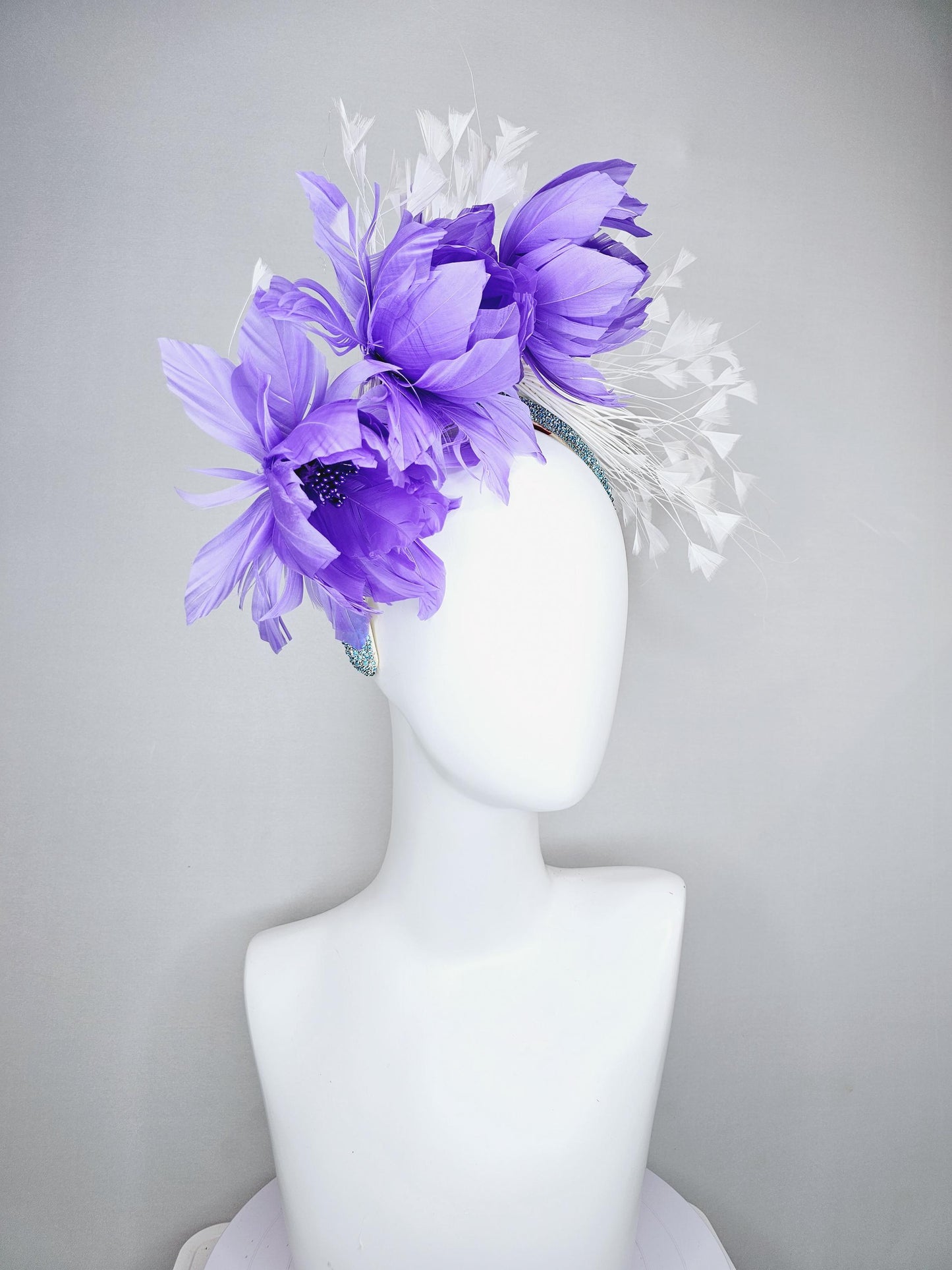 kentucky derby hat fascinator purple violet feather flowers, white branching feathers, turquoise sky blue crystal rhinestone headband