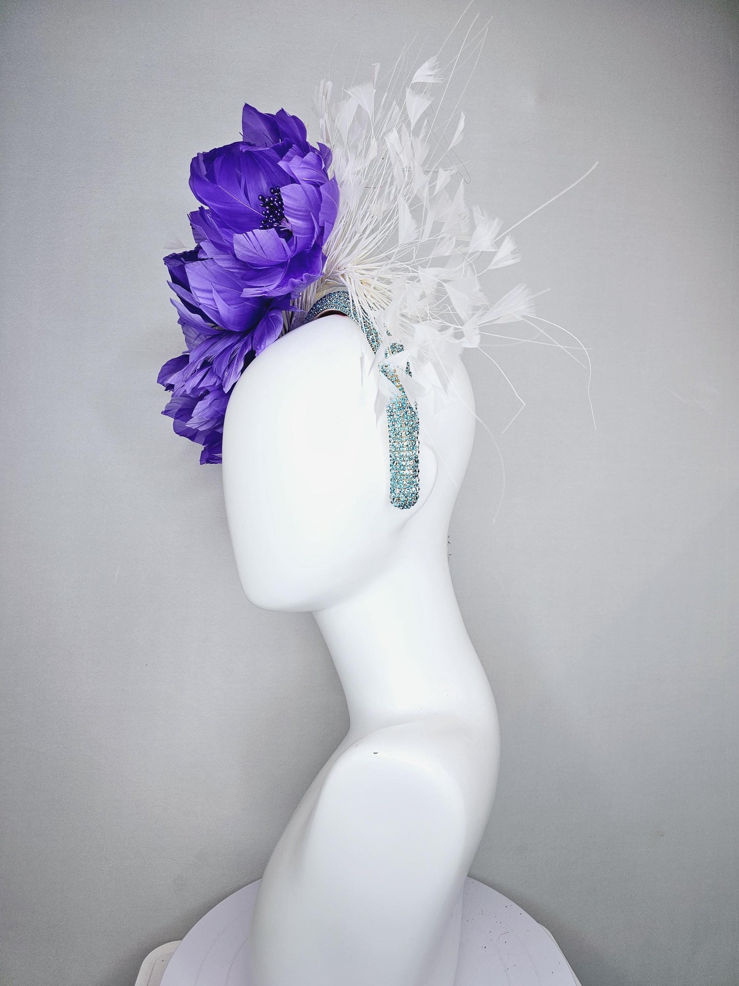 kentucky derby hat fascinator purple violet feather flowers, white branching feathers, turquoise sky blue crystal rhinestone headband