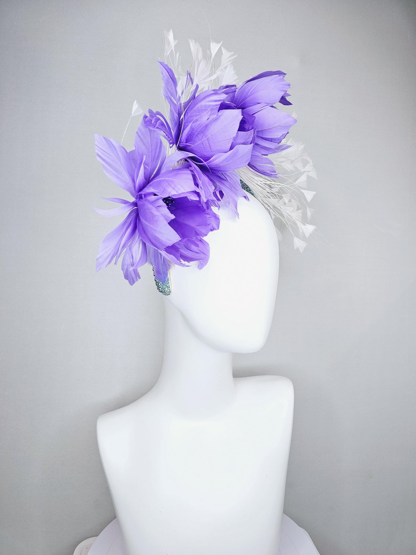 kentucky derby hat fascinator purple violet feather flowers, white branching feathers, turquoise sky blue crystal rhinestone headband