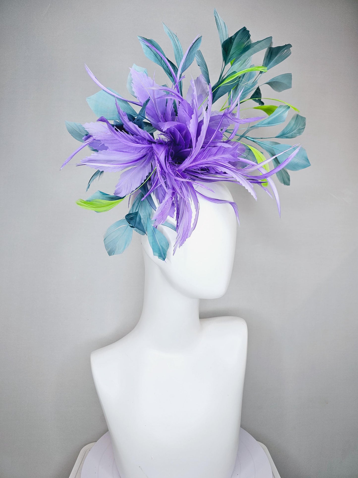 kentucky derby hat fascinator purple lavender feather flower with teal blue and green branching feathers