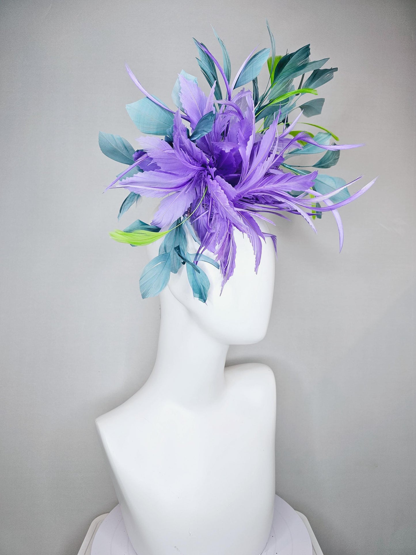 kentucky derby hat fascinator purple lavender feather flower with teal blue and green branching feathers